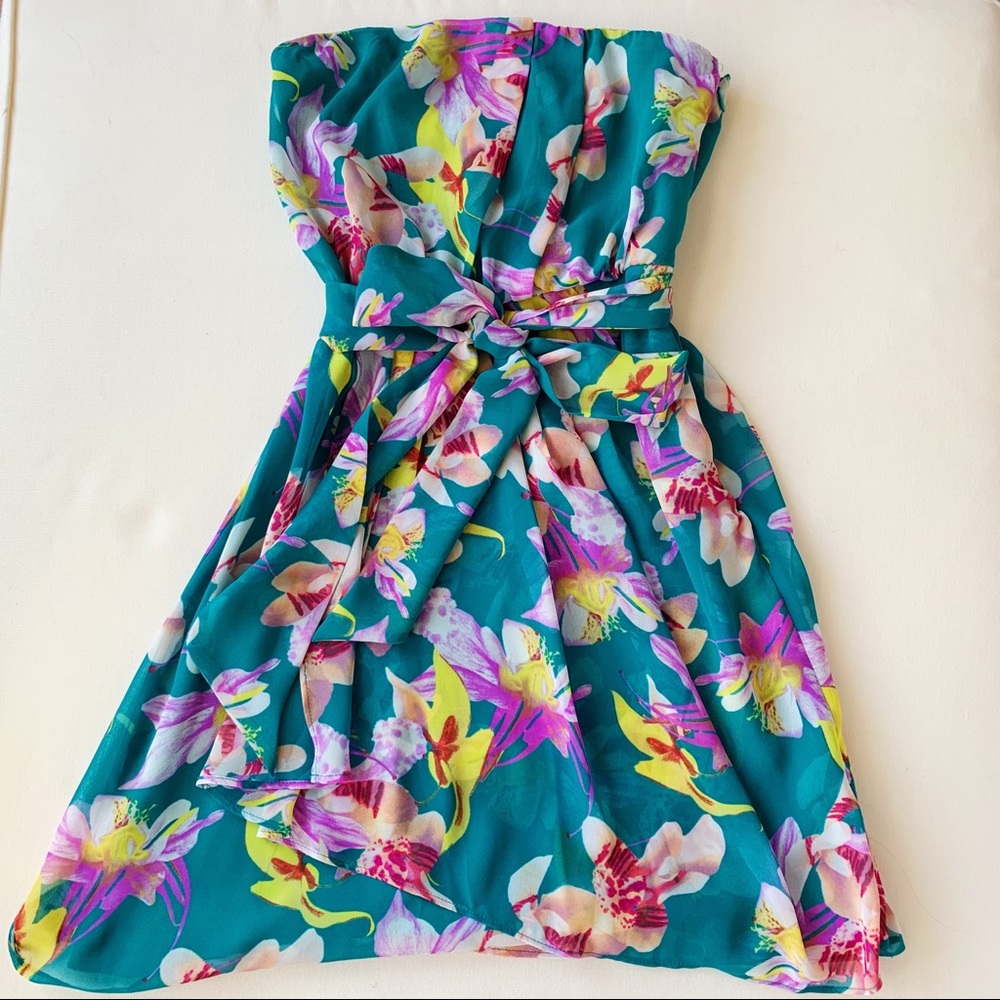 Teal Floral Print Belted Dress - Express Size 0